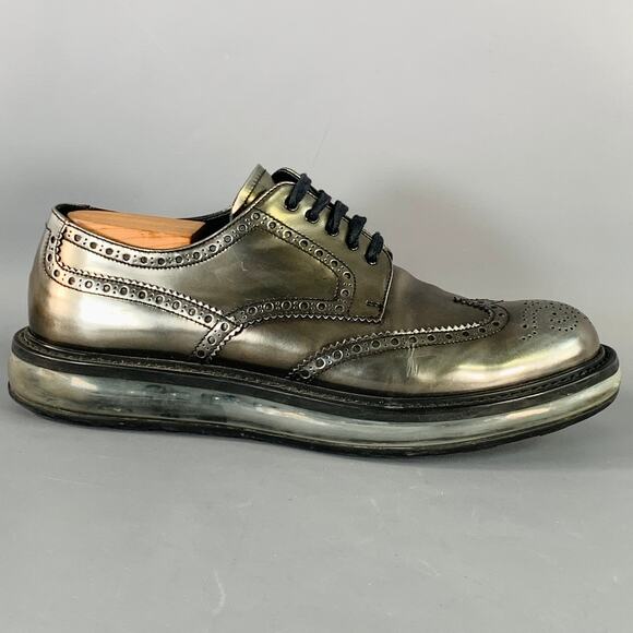 PRADA Size 9 Silver Metallic Perforated Leather Wingtip Lace-Up Shoes - Picture 2 of 9